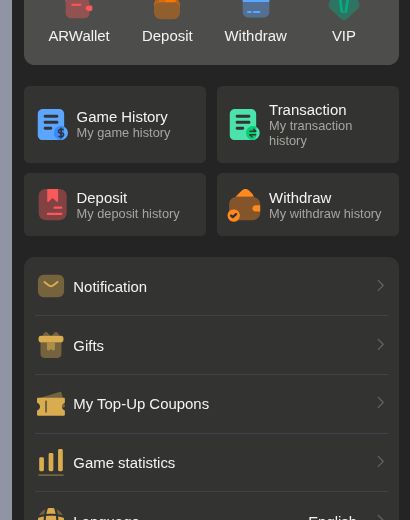 BDG Game account menu showing Withdraw and transaction history